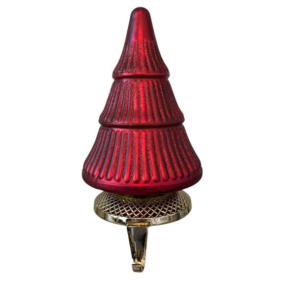 NEIMAN MARCUS Matte Christmas Tree Stocking Holder Holiday Red Glitter New - Picture 5 of 12